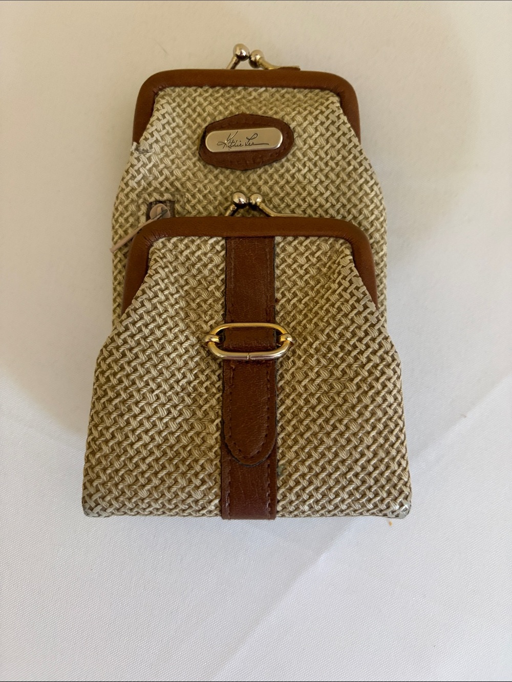 Kathie Lee Collection Beige Straw Dual Kiss-Lock Coin Pouch with Brown Trim